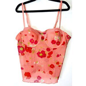 Vintage-Inspired Sheer Floral Pink Mesh Camisole Top  Lace Trim & Padded Cups L